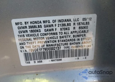 2013 Acura Ilx 2.0L из США, поврежденный, VIN 19VDE1F79DE002137